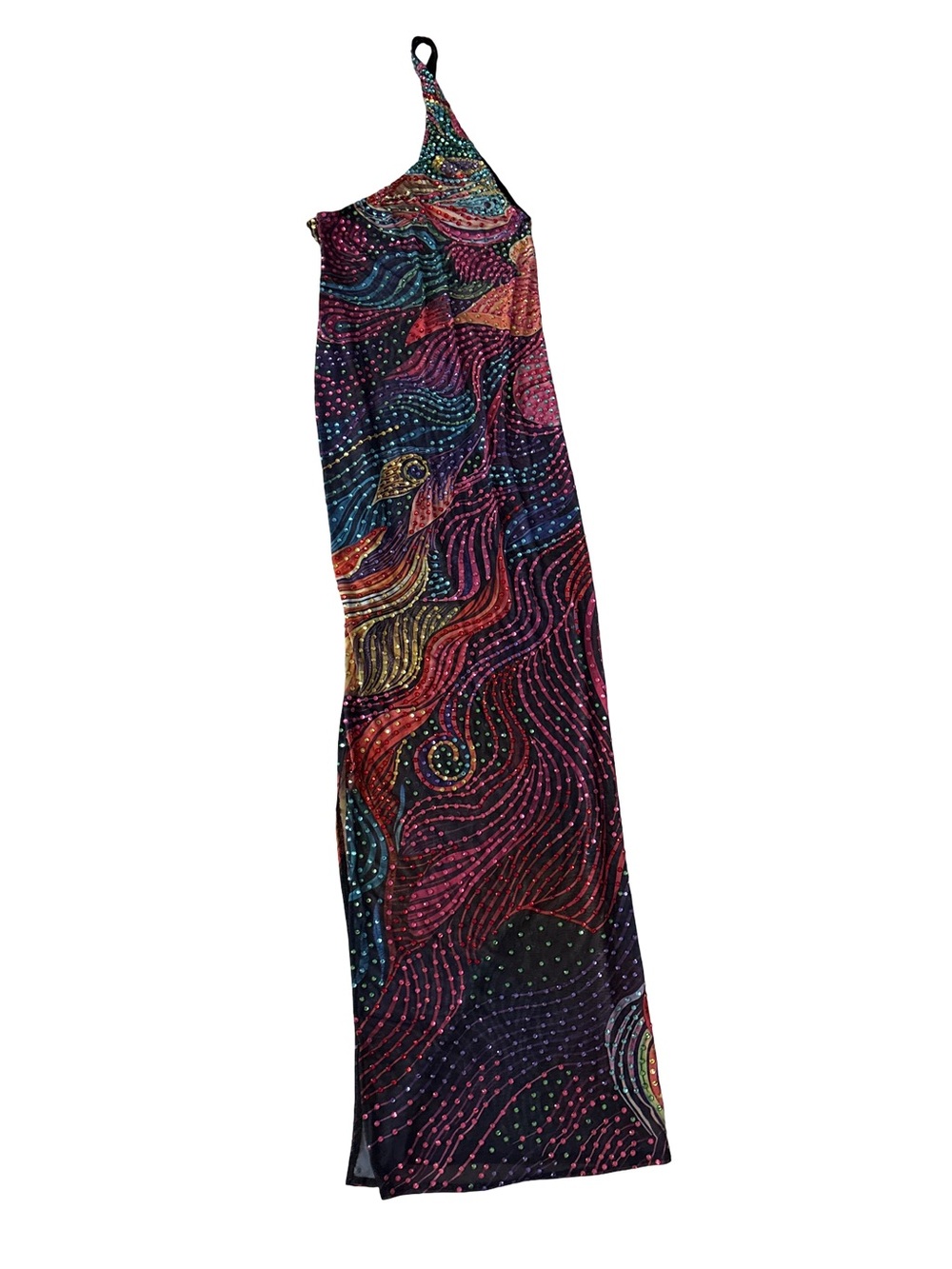 Alglist One-Shoulder Multicolor Wave-Print Rhinestone Sheer Maxi Dress